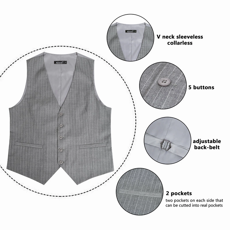 Men's Pinstripe Business Suit Vest Formal Dress Tuxedo Waistcoat, 188-Gray Striped