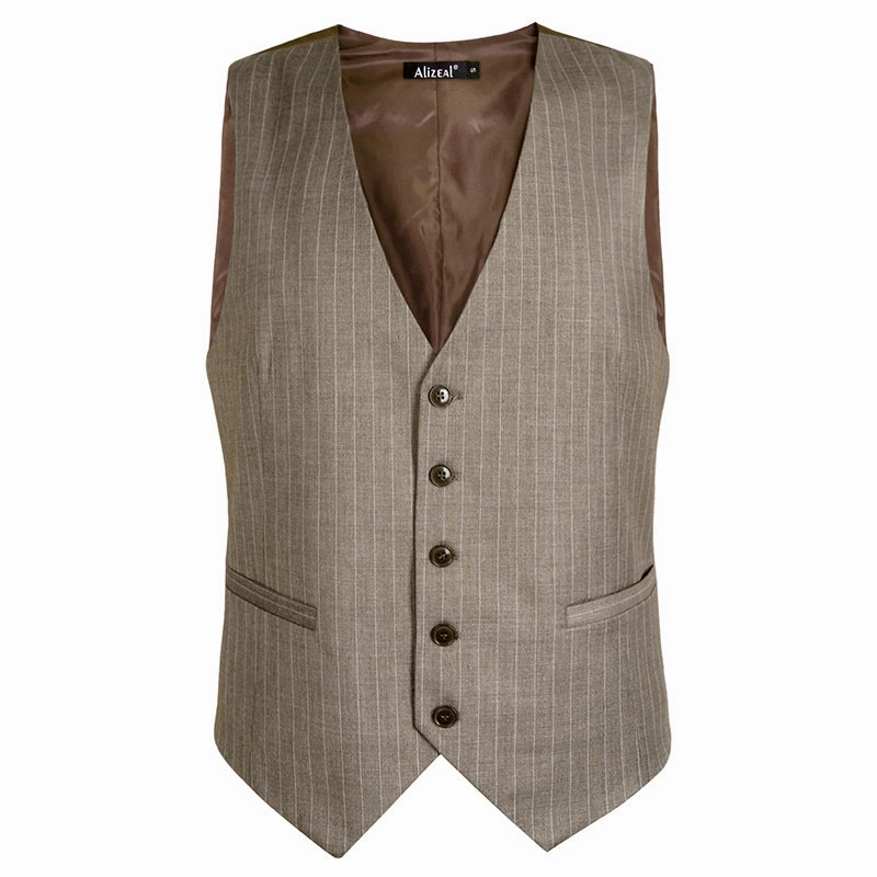 Men's Pinstripe Business Suit Vest Formal Dress Tuxedo Waistcoat, 188-Light Coffee Striped