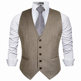 Men's Pinstripe Business Suit Vest Formal Dress Tuxedo Waistcoat, 188-Light Coffee Striped