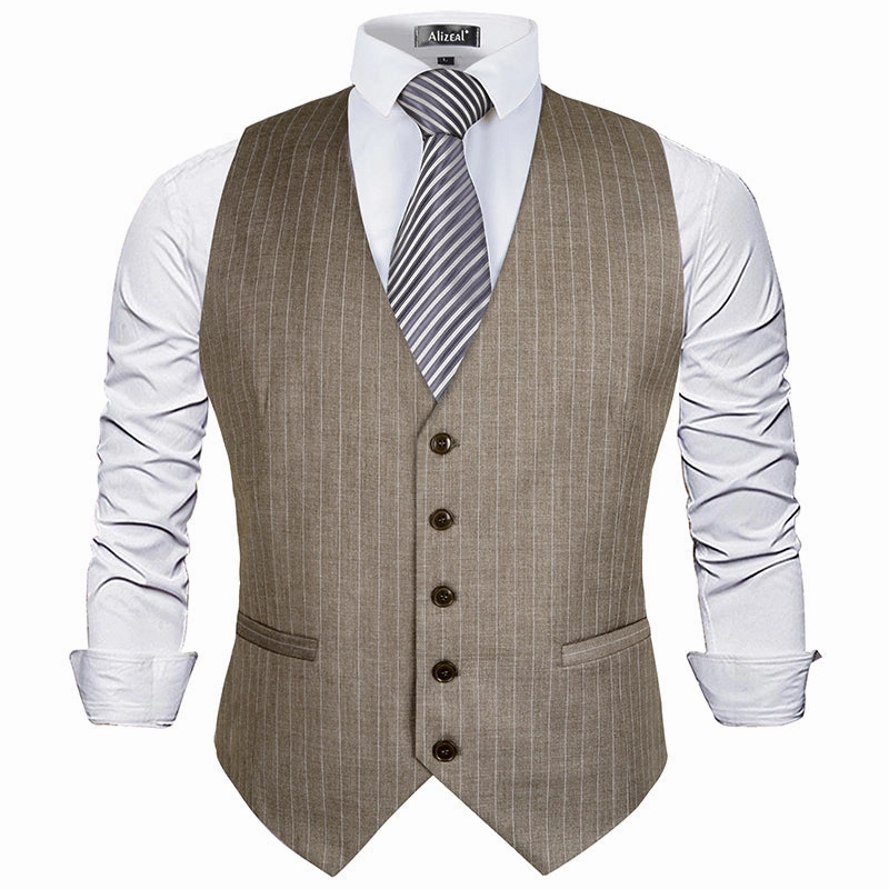 Men's Pinstripe Business Suit Vest Formal Dress Tuxedo Waistcoat, 188-Light Coffee Striped