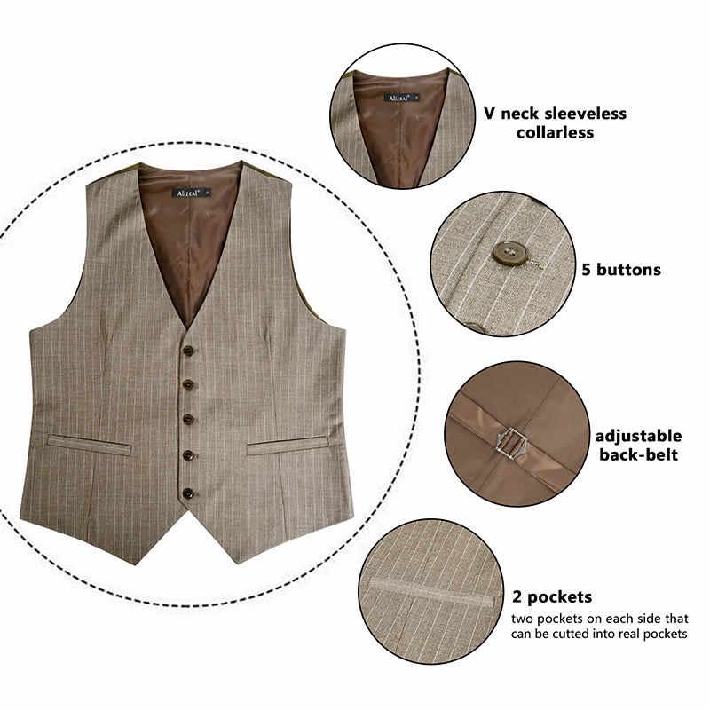 Men's Pinstripe Business Suit Vest Formal Dress Tuxedo Waistcoat, 188-Light Coffee Striped