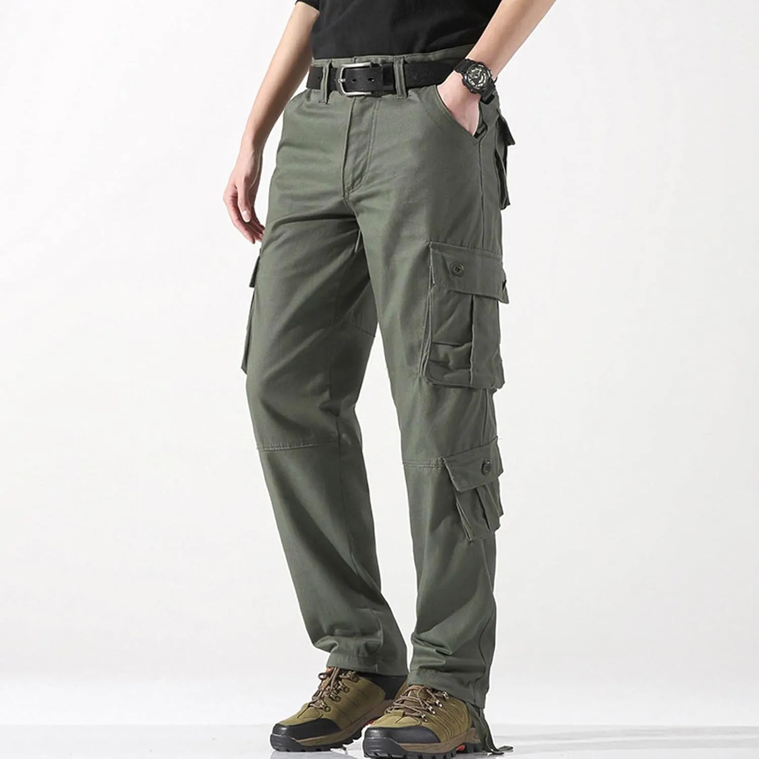 Men's Cargo Pants Classic Fit Pants Cotton Mens Work Pants Casual Elastic Waist Men Hiking Pants 6 Pcckets