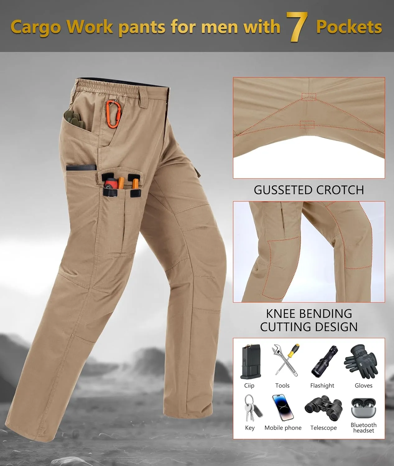 Mens Cargo Work Pants Waterproof Hiking Pants for Men Ripstop Tactical Pants Multi Work Pants with 7 Pockets