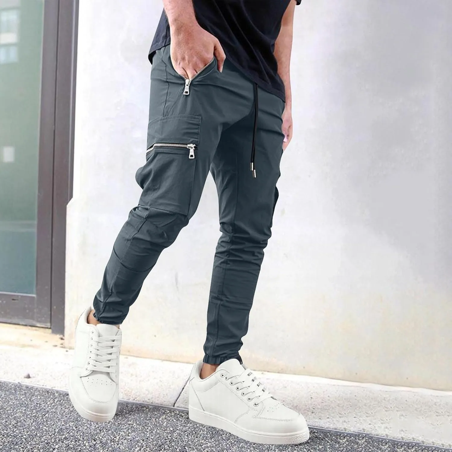 Men's Casual Cargo Pants Drawstring Elastic Waist Joggers Sweatpants Solid Color Multiple Pockets Hiking Trousers