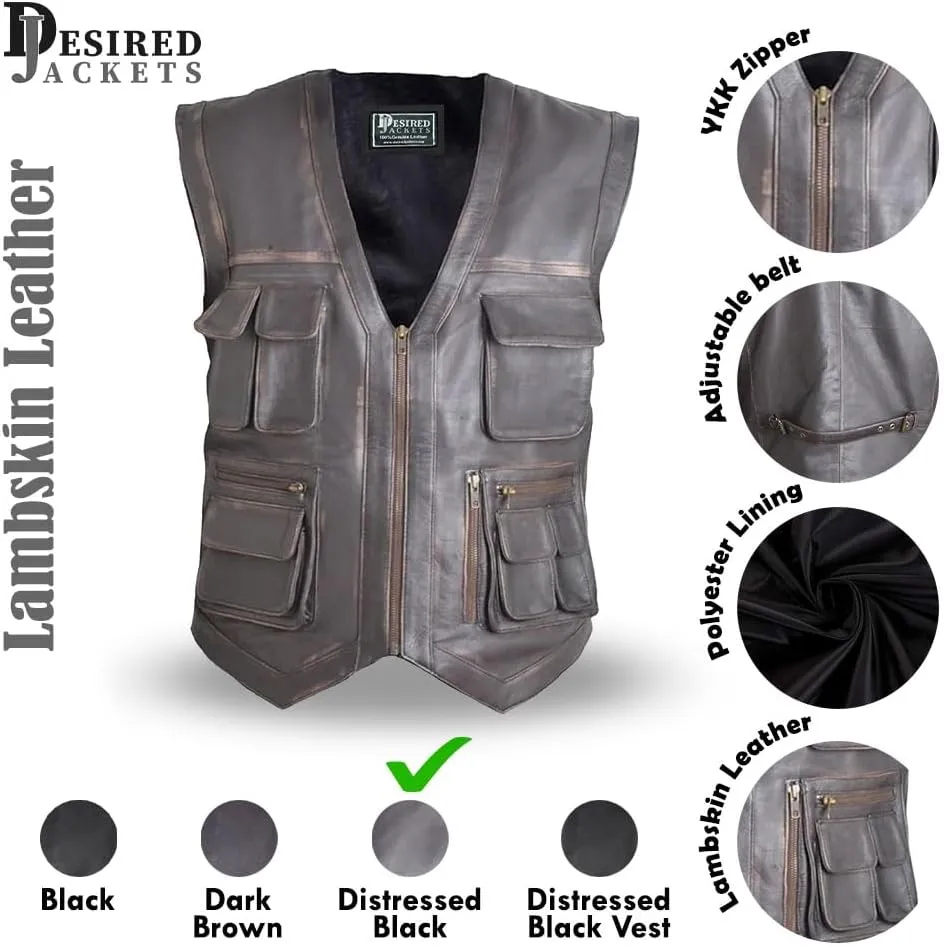 Men's J World's Chris Pratt Owen Grady Brown Vest JW Adventure Chris Pratt Motorcycle Leather Biker Vest