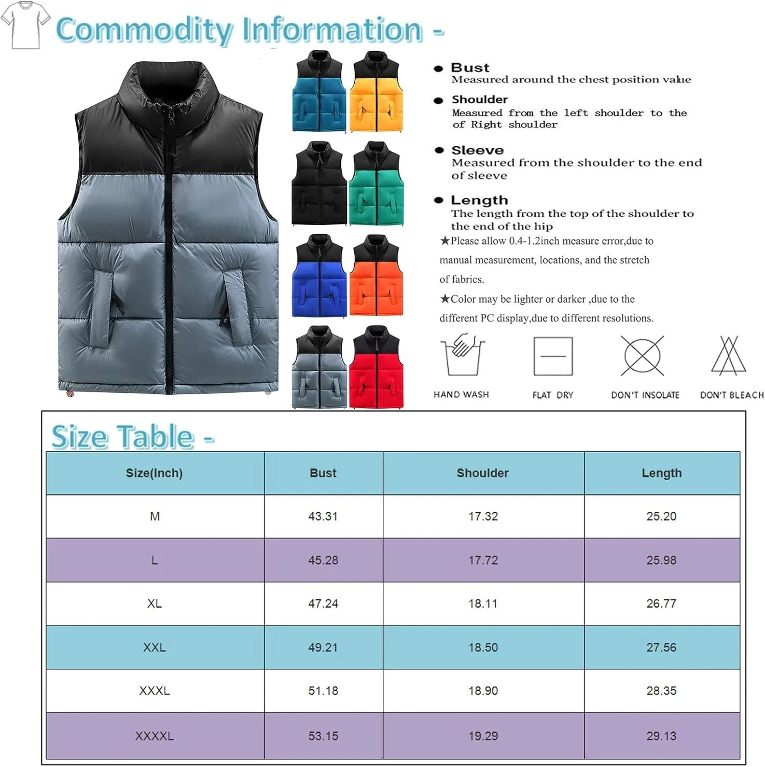 Mens Outdoor Quilted Winter Puffer Vest Color Block Stand Collar Sleeveless Jacket Vests Oversized Vests Coat