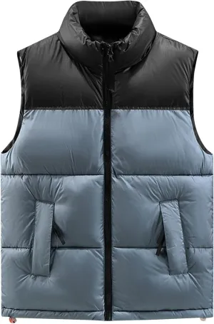 Mens Outdoor Quilted Winter Puffer Vest Color Block Stand Collar Sleeveless Jacket Vests Oversized Vests Coat