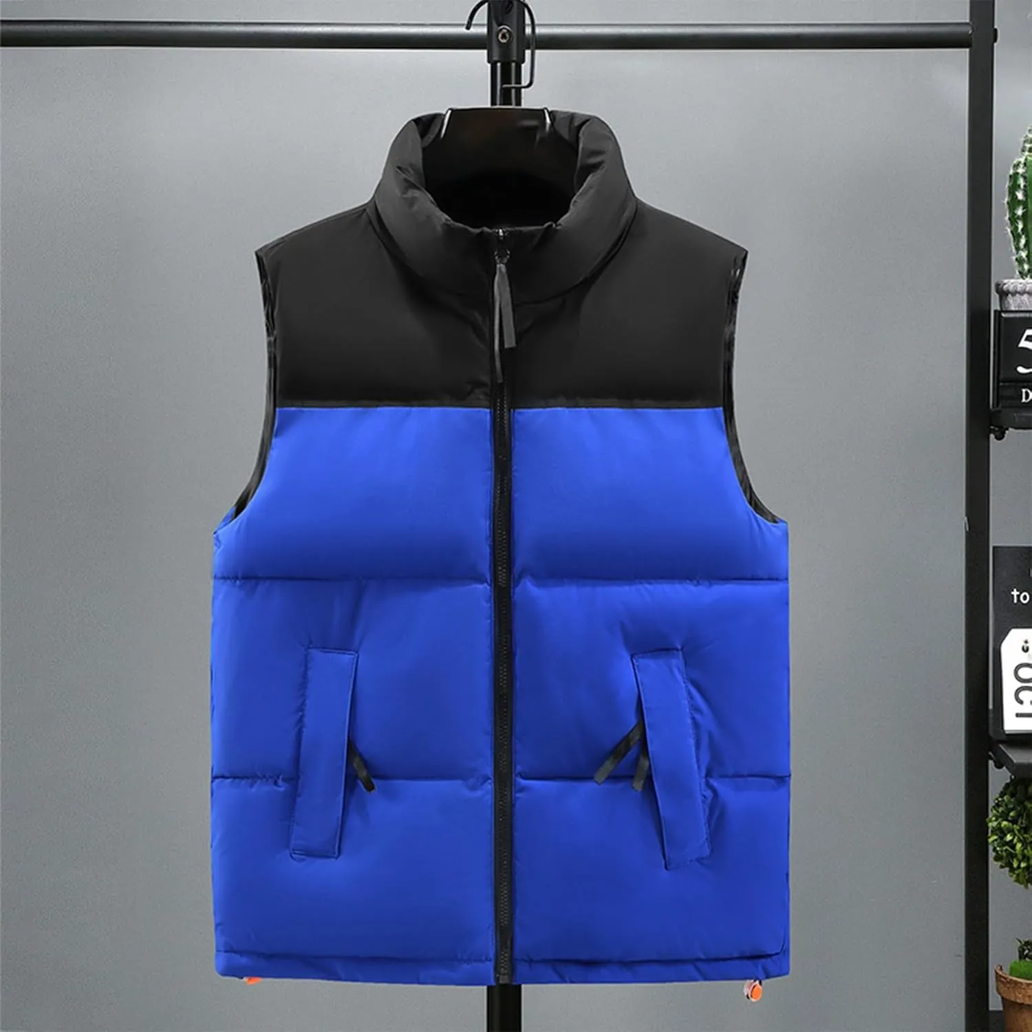 Mens Outdoor Quilted Winter Puffer Vest Color Block Stand Collar Sleeveless Jacket Vests Oversized Vests Coat