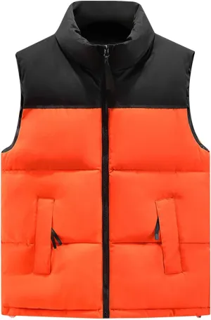 Mens Outdoor Quilted Winter Puffer Vest Color Block Stand Collar Sleeveless Jacket Vests Oversized Vests Coat