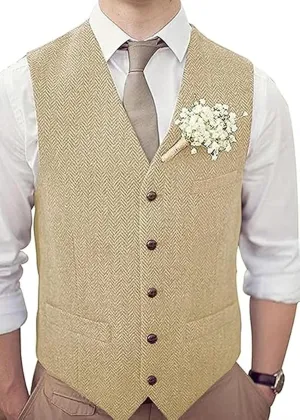 Men's Tweed Vest Herringbone Wool Waistcoat for Wedding Men Vests Formal Groom's Wear Suit Vest