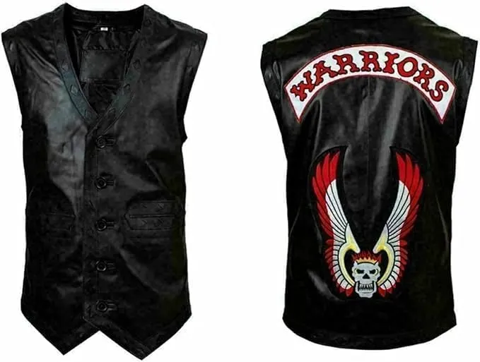 Men's Warriors Embroidered Stylish Halloween Costume Genuine Motorcycle Gangster Biker Leather Vest Jacket