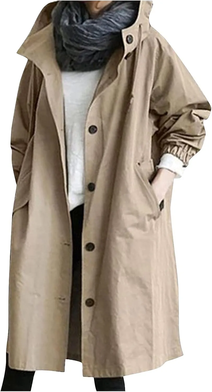 OIOLOYJM Trench Coat for Women 2024 Fall Rain Jacket Womens Waterproof with Hood Plus Size Outdoor Windbreaker Overcoat