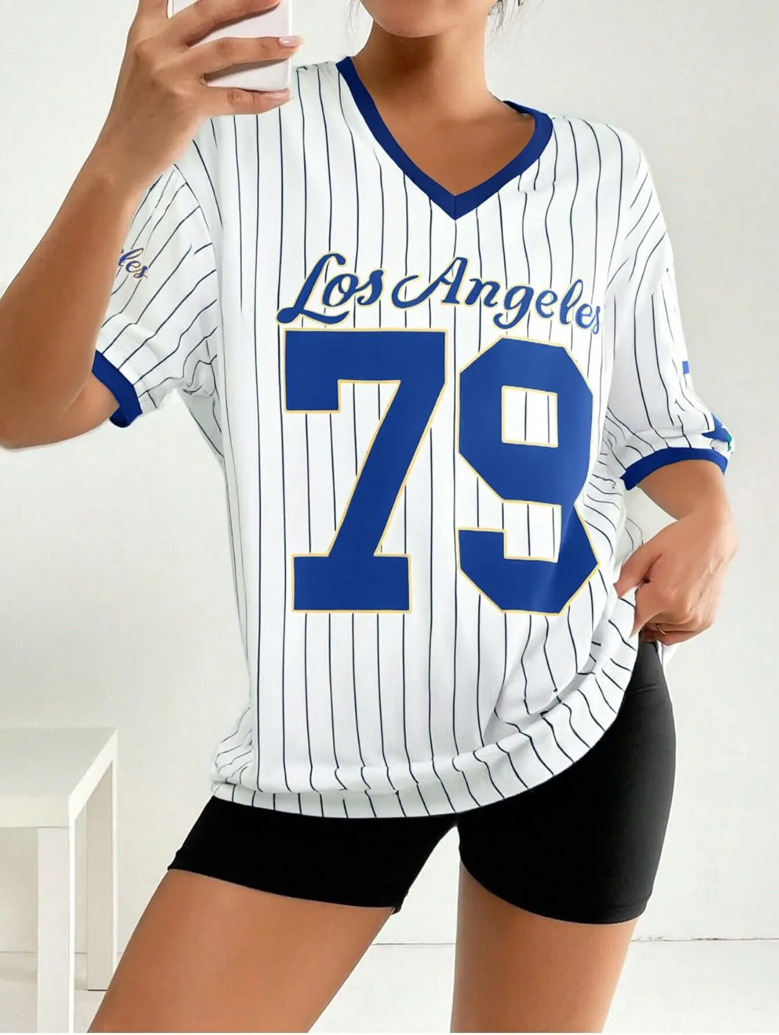 Oversized Jersey Shirts for Women V Neck Tshirt Striped Number Graphic Shirt Casual Y2k Streetwear Tee Tops