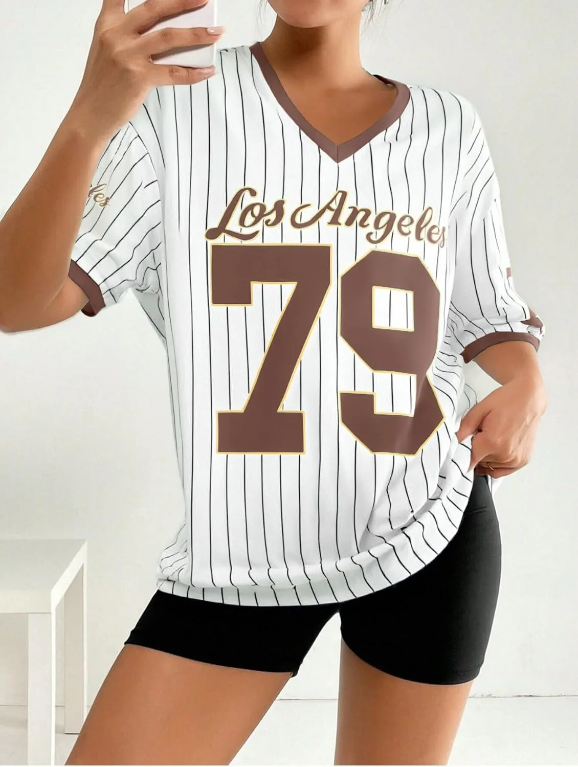Oversized Jersey Shirts for Women V Neck Tshirt Striped Number Graphic Shirt Casual Y2k Streetwear Tee Tops