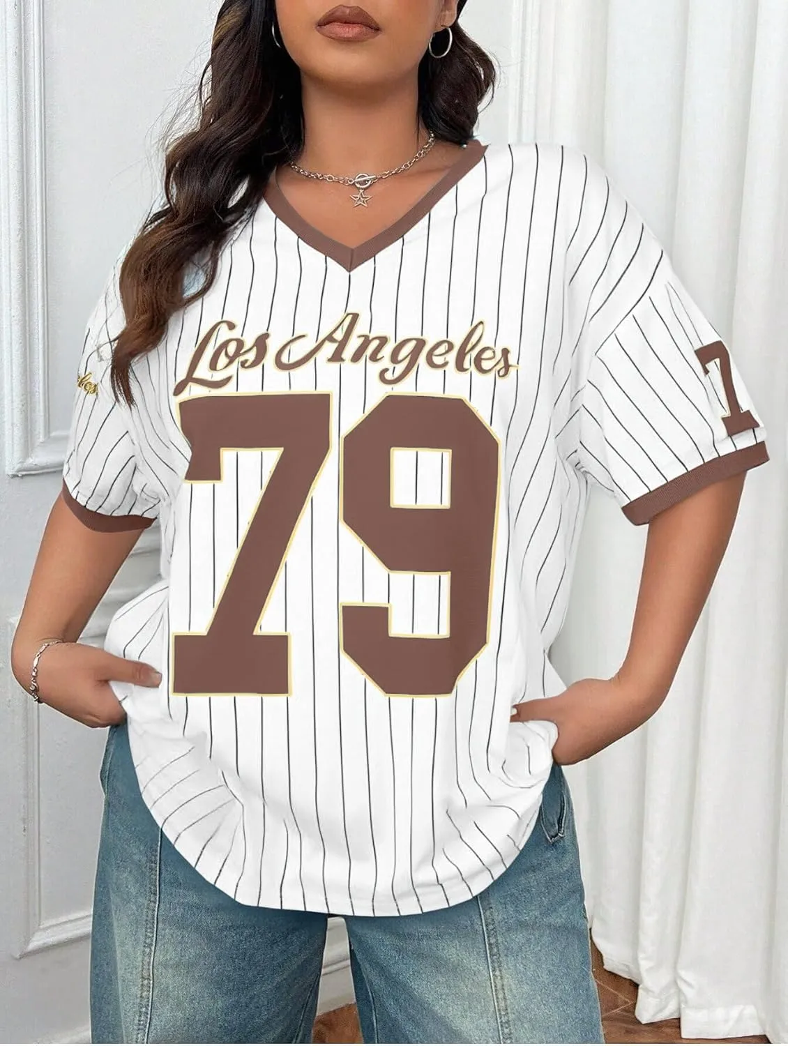 Oversized Jersey Shirts for Women V Neck Tshirt Striped Number Graphic Shirt Casual Y2k Streetwear Tee Tops