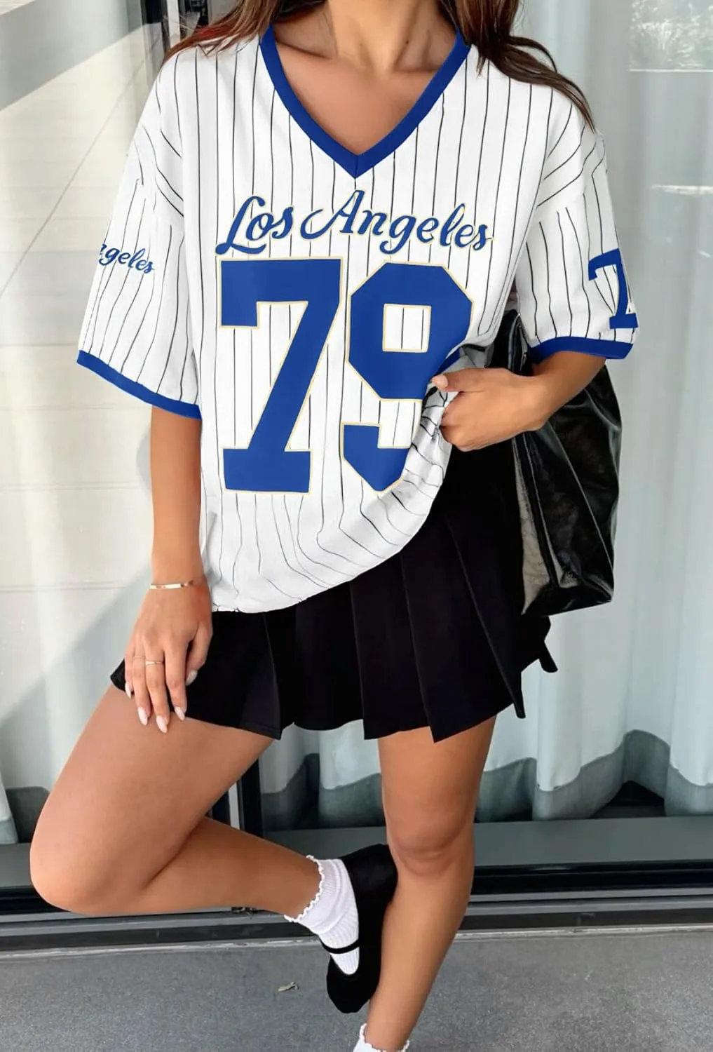 Oversized Jersey Shirts for Women V Neck Tshirt Striped Number Graphic Shirt Casual Y2k Streetwear Tee Tops