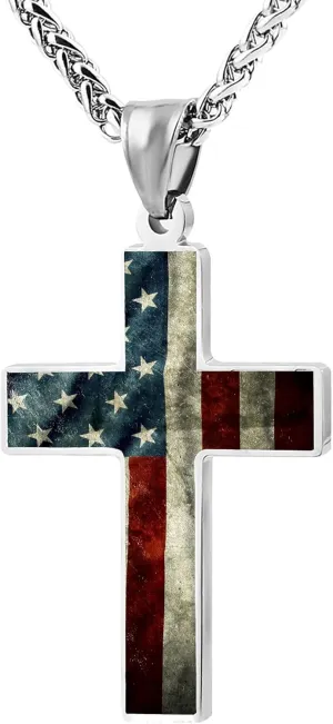 Patriotic American Flag Cross Pendant Necklace, Vintage Design