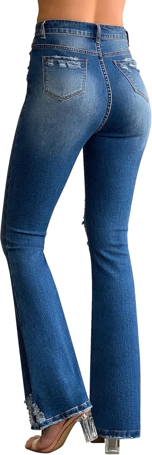 roswear Womens Bell Bottom Jeans High Rise Flare Jeans Ripped Stretchy Frayed Hem Denim Jeans with Holes
