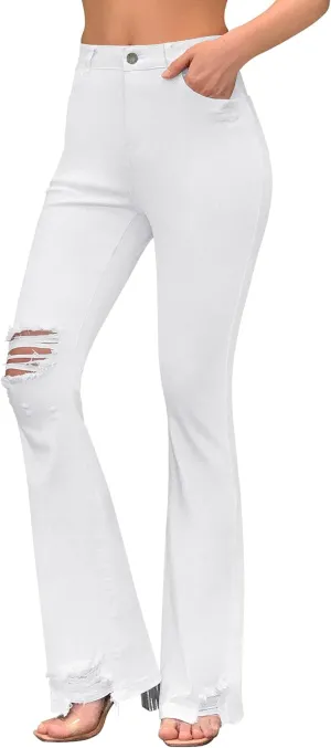 roswear Womens Bell Bottom Jeans High Rise Flare Jeans Ripped Stretchy Frayed Hem Denim Jeans with Holes