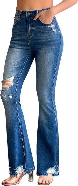 roswear Womens Bell Bottom Jeans High Rise Flare Jeans Ripped Stretchy Frayed Hem Denim Jeans with Holes