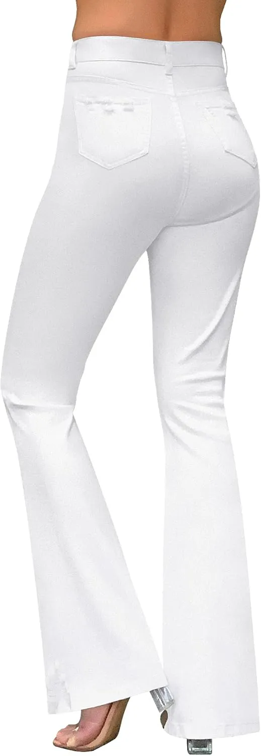 roswear Womens Bell Bottom Jeans High Rise Flare Jeans Ripped Stretchy Frayed Hem Denim Jeans with Holes