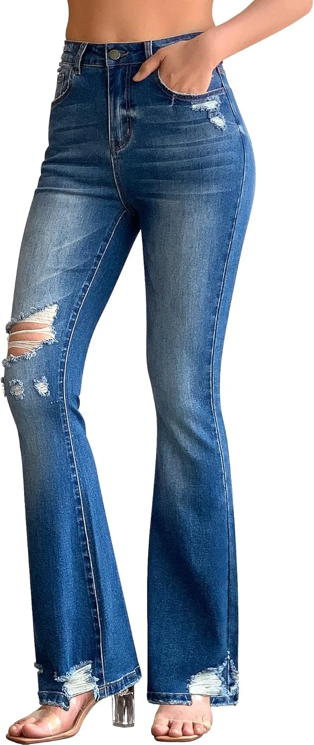 roswear Womens Bell Bottom Jeans High Rise Flare Jeans Ripped Stretchy Frayed Hem Denim Jeans with Holes