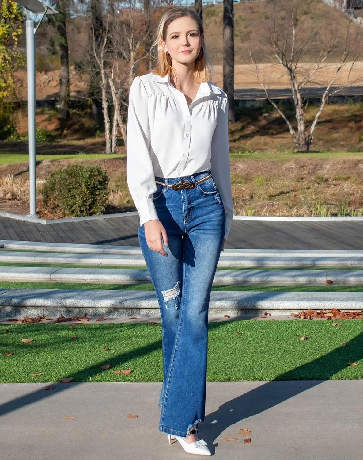 roswear Womens Bell Bottom Jeans High Rise Flare Jeans Ripped Stretchy Frayed Hem Denim Jeans with Holes