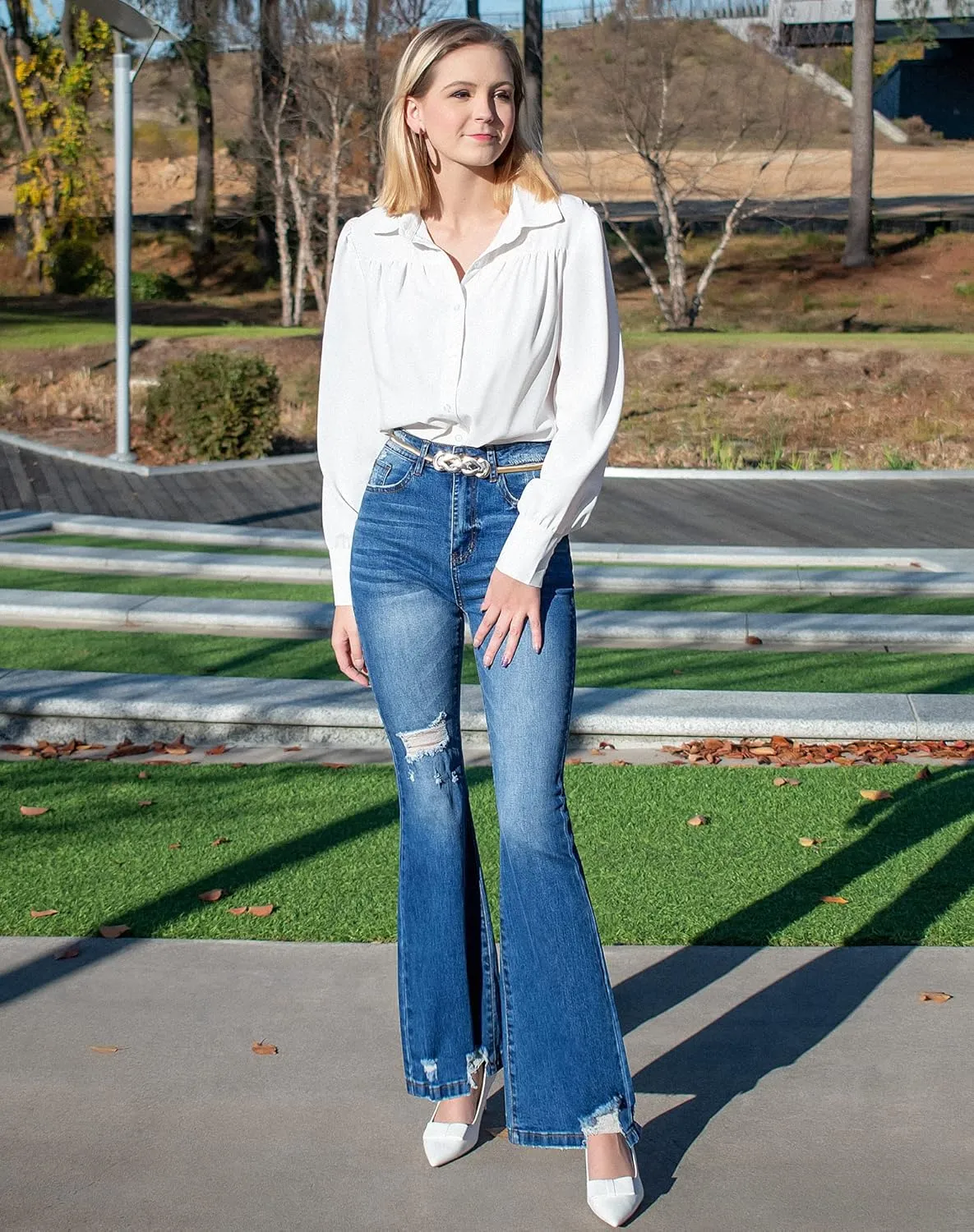 roswear Womens Bell Bottom Jeans High Rise Flare Jeans Ripped Stretchy Frayed Hem Denim Jeans with Holes