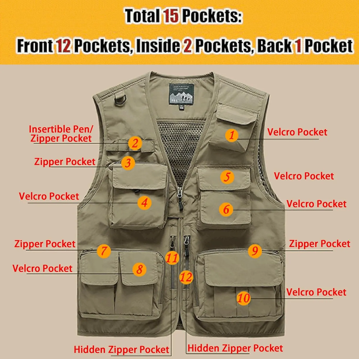 Saukiee Mens Vest Lightweight Vest Men Fishing Travel Work Pesca Safari Combat Hunting Cargo Vest Jacket with Pockets M