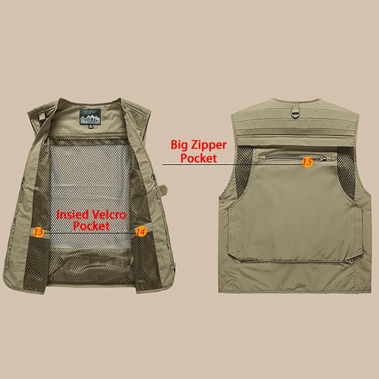 Saukiee Mens Vest Lightweight Vest Men Fishing Travel Work Pesca Safari Combat Hunting Cargo Vest Jacket with Pockets M