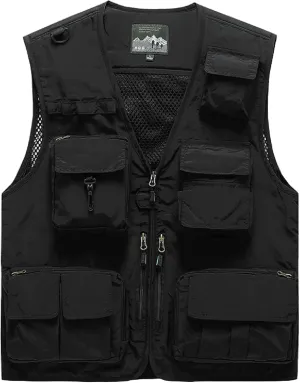 Saukiee Mens Vest Lightweight Vest Men Fishing Travel Work Pesca Safari Combat Hunting Cargo Vest Jacket with Pockets M