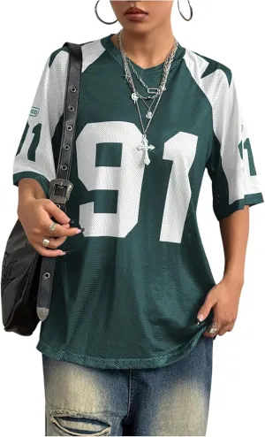 SHENHE Women's Color Block Oversized Football Jersey Mesh Number Print Short Sleeve Tee Top