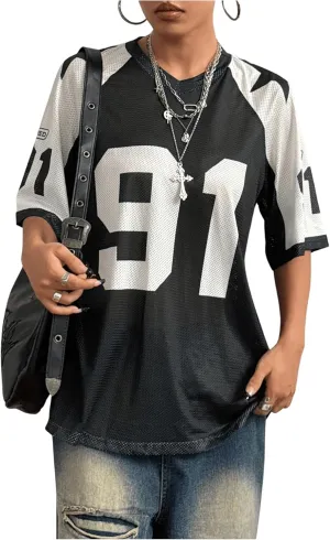 SHENHE Women's Color Block Oversized Football Jersey Mesh Number Print Short Sleeve Tee Top