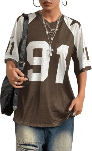 SHENHE Women's Color Block Oversized Football Jersey Mesh Number Print Short Sleeve Tee Top