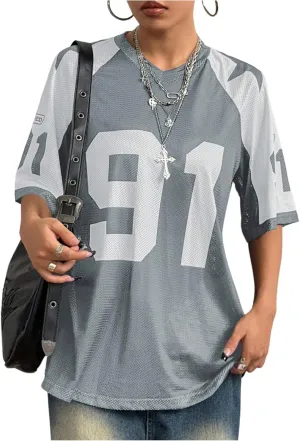 SHENHE Women's Color Block Oversized Football Jersey Mesh Number Print Short Sleeve Tee Top