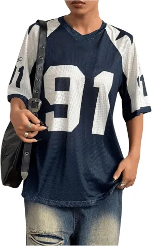 SHENHE Women's Color Block Oversized Football Jersey Mesh Number Print Short Sleeve Tee Top