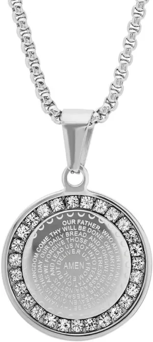 Steeltime Stainless Steel Lords Prayer Necklace with Simulated Diamonds
