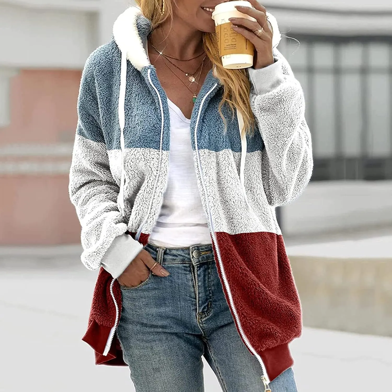 Teddy Bear Jacket for Women Plus Size Fuzzy Winter Coats Color Block Hooded Sherpa Fleece Jacket Outerwear
