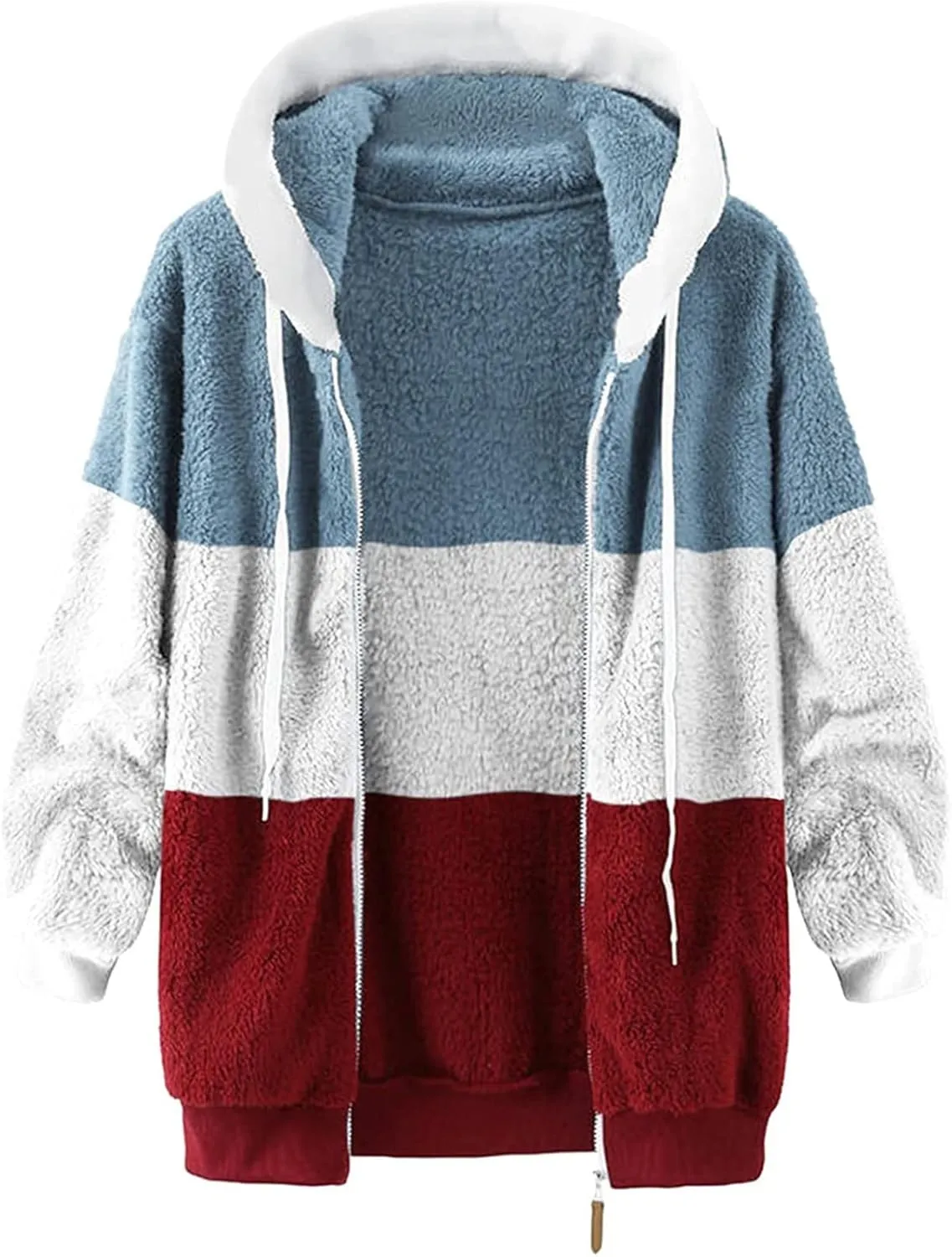 Teddy Bear Jacket for Women Plus Size Fuzzy Winter Coats Color Block Hooded Sherpa Fleece Jacket Outerwear