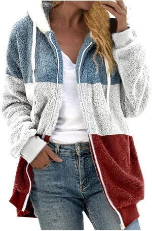 Teddy Bear Jacket for Women Plus Size Fuzzy Winter Coats Color Block Hooded Sherpa Fleece Jacket Outerwear