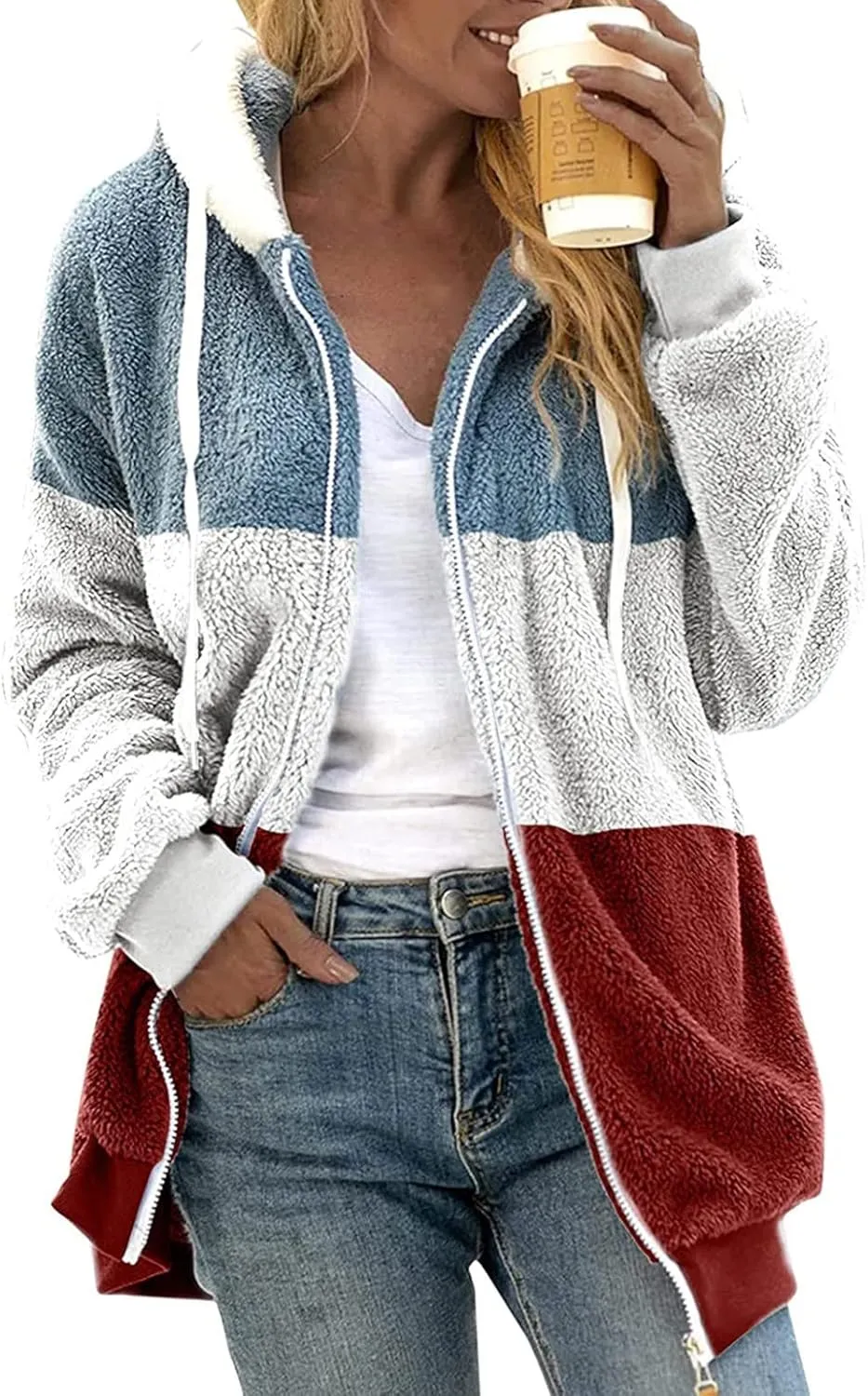 Teddy Bear Jacket for Women Plus Size Fuzzy Winter Coats Color Block Hooded Sherpa Fleece Jacket Outerwear