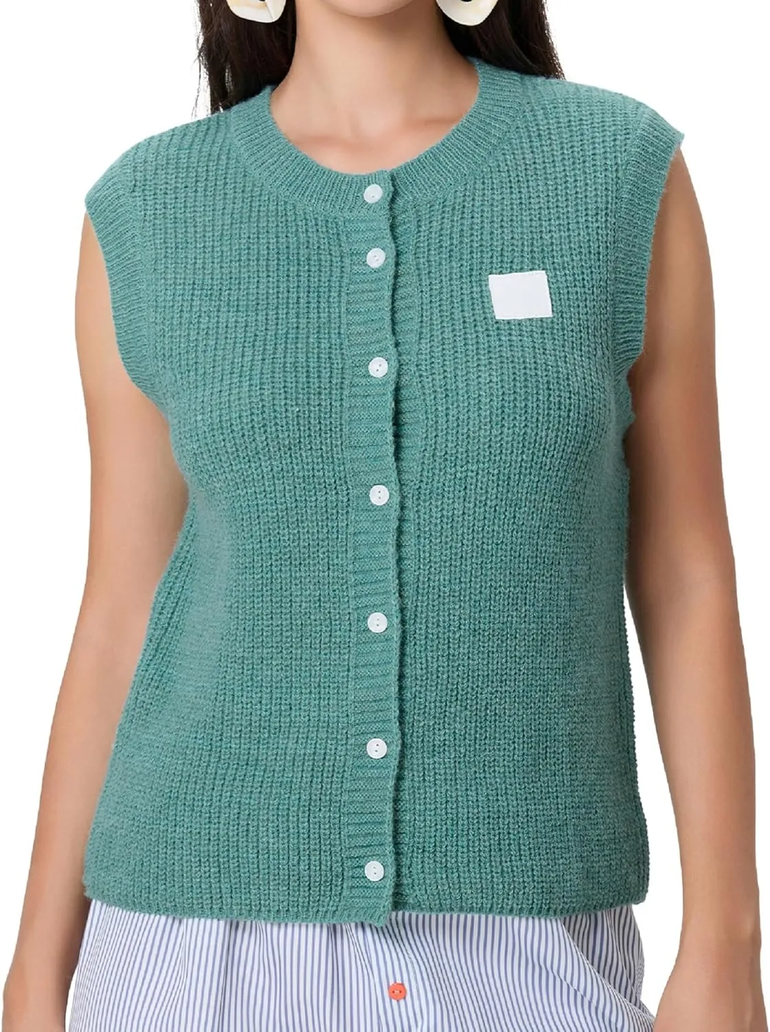 Women Chunky Button Sweater Vest Sleeveless Round Neck Rib Knitted Tank Top Y2k Knitted Cardigan Vest Shirt