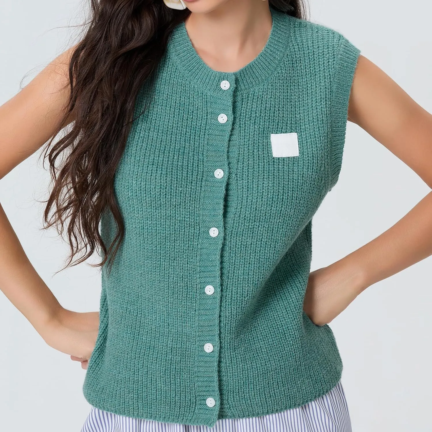 Women Chunky Button Sweater Vest Sleeveless Round Neck Rib Knitted Tank Top Y2k Knitted Cardigan Vest Shirt
