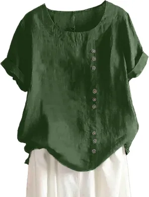 Women Summer Linen Shirts Short Sleeve Crewneck Side Button Retro Tops Casual Loose Boho Pullover Solid Comfy Blouses