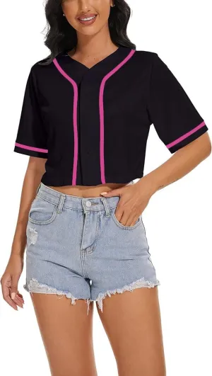 Women's Baseball Jersey Short Crop Tops Blank Button Casual Softball Shirt Activewear Tee Summer Clothing