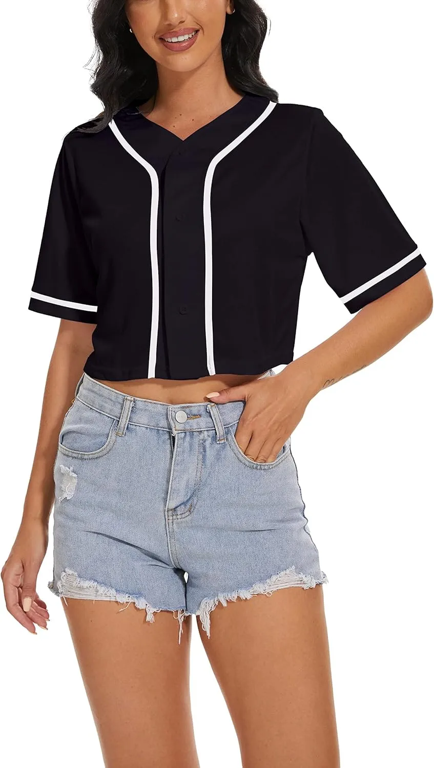 Women's Baseball Jersey Short Crop Tops Blank Button Casual Softball Shirt Activewear Tee Summer Clothing