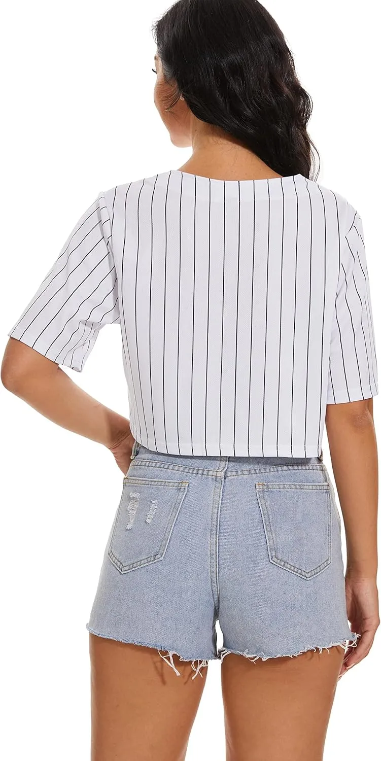 Women's Baseball Jersey Short Crop Tops Blank Button Casual Softball Shirt Activewear Tee Summer Clothing