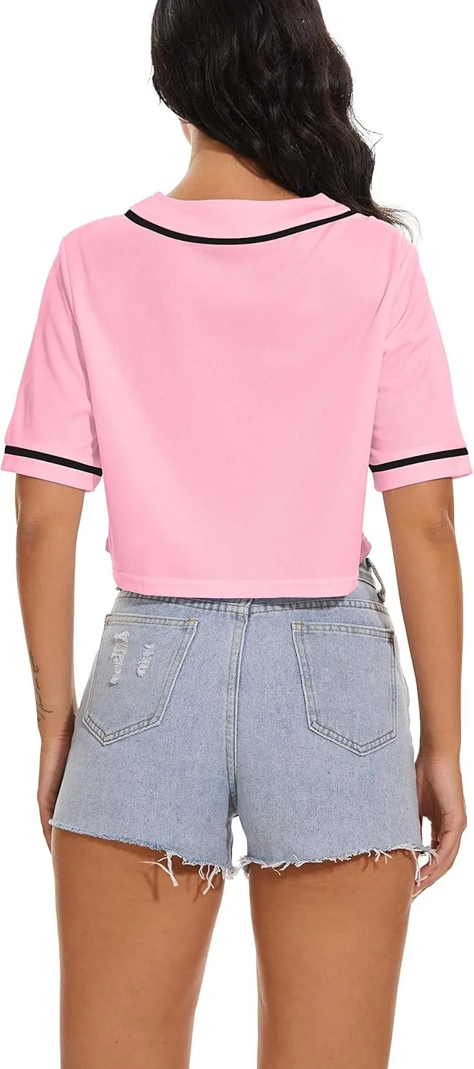 Women's Baseball Jersey Short Crop Tops Blank Button Casual Softball Shirt Activewear Tee Summer Clothing