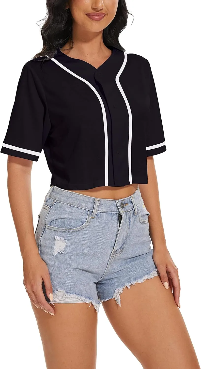 Women's Baseball Jersey Short Crop Tops Blank Button Casual Softball Shirt Activewear Tee Summer Clothing