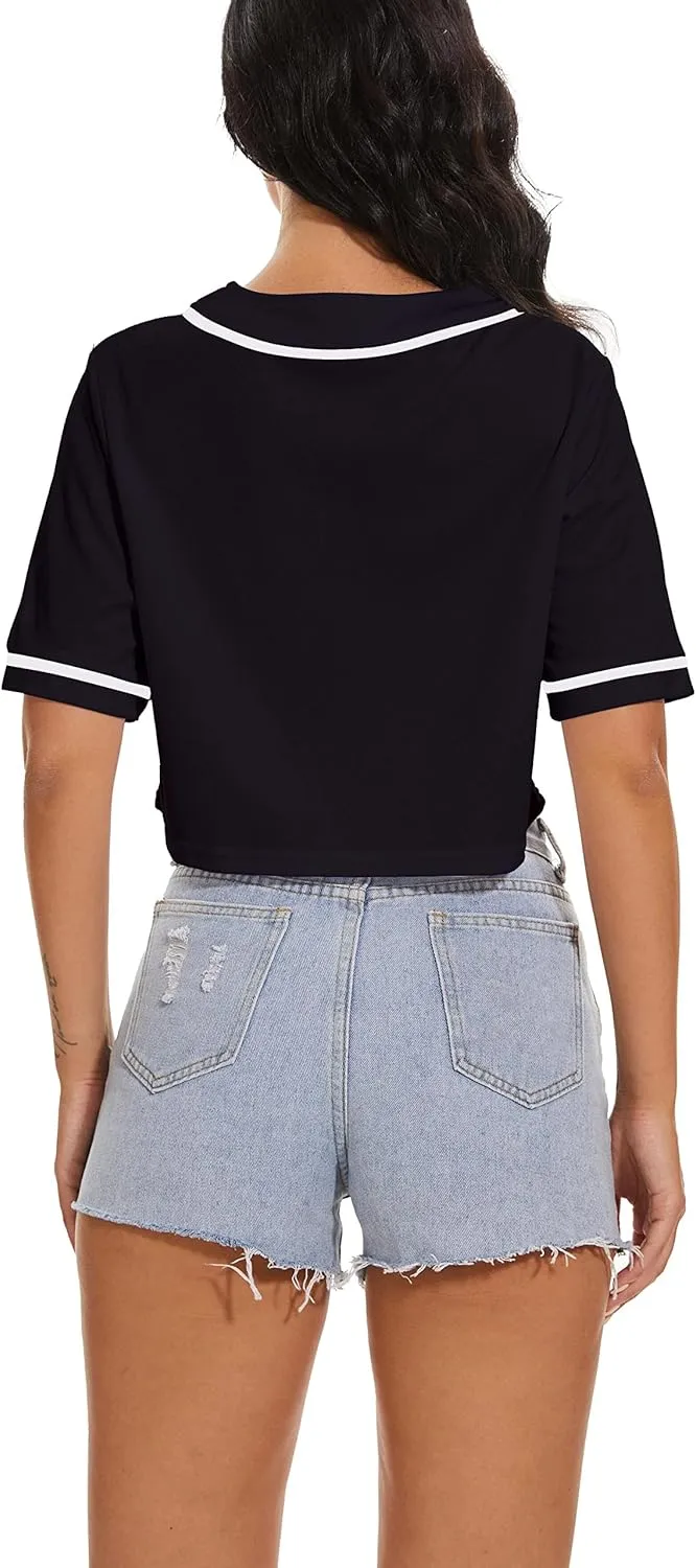 Women's Baseball Jersey Short Crop Tops Blank Button Casual Softball Shirt Activewear Tee Summer Clothing